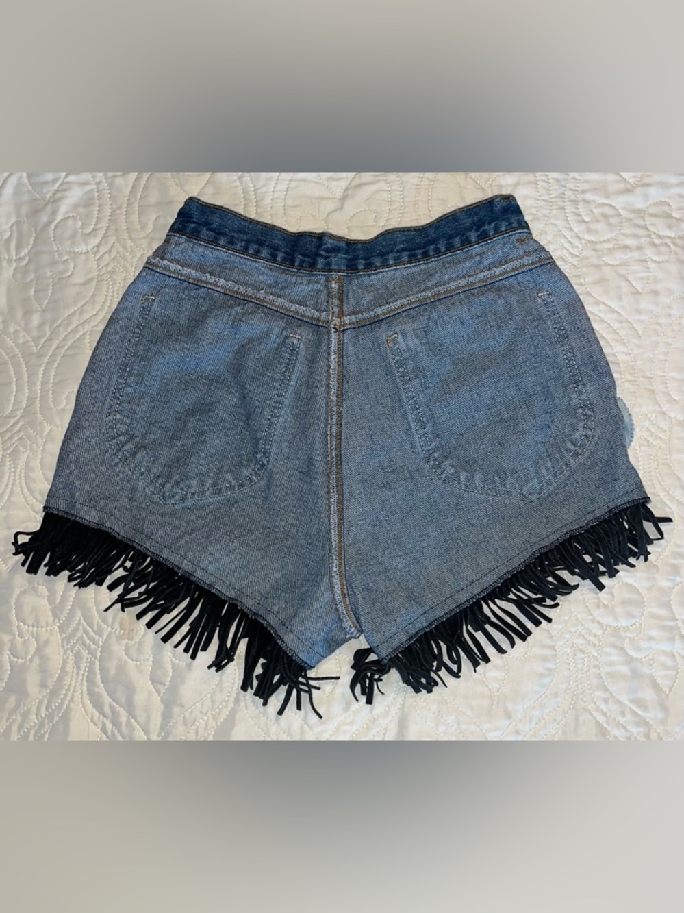 VINTAGE CHIC Boho Denim with Black Fringe High-Waist Shorts - Picture 5 of 11